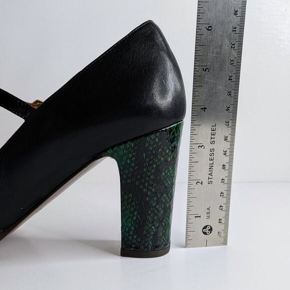 Chie Mihara T-Strap Heels 40 Black Green Snakeskin Accent Retro Glam Pinup Shoes - Picture 13 of 15